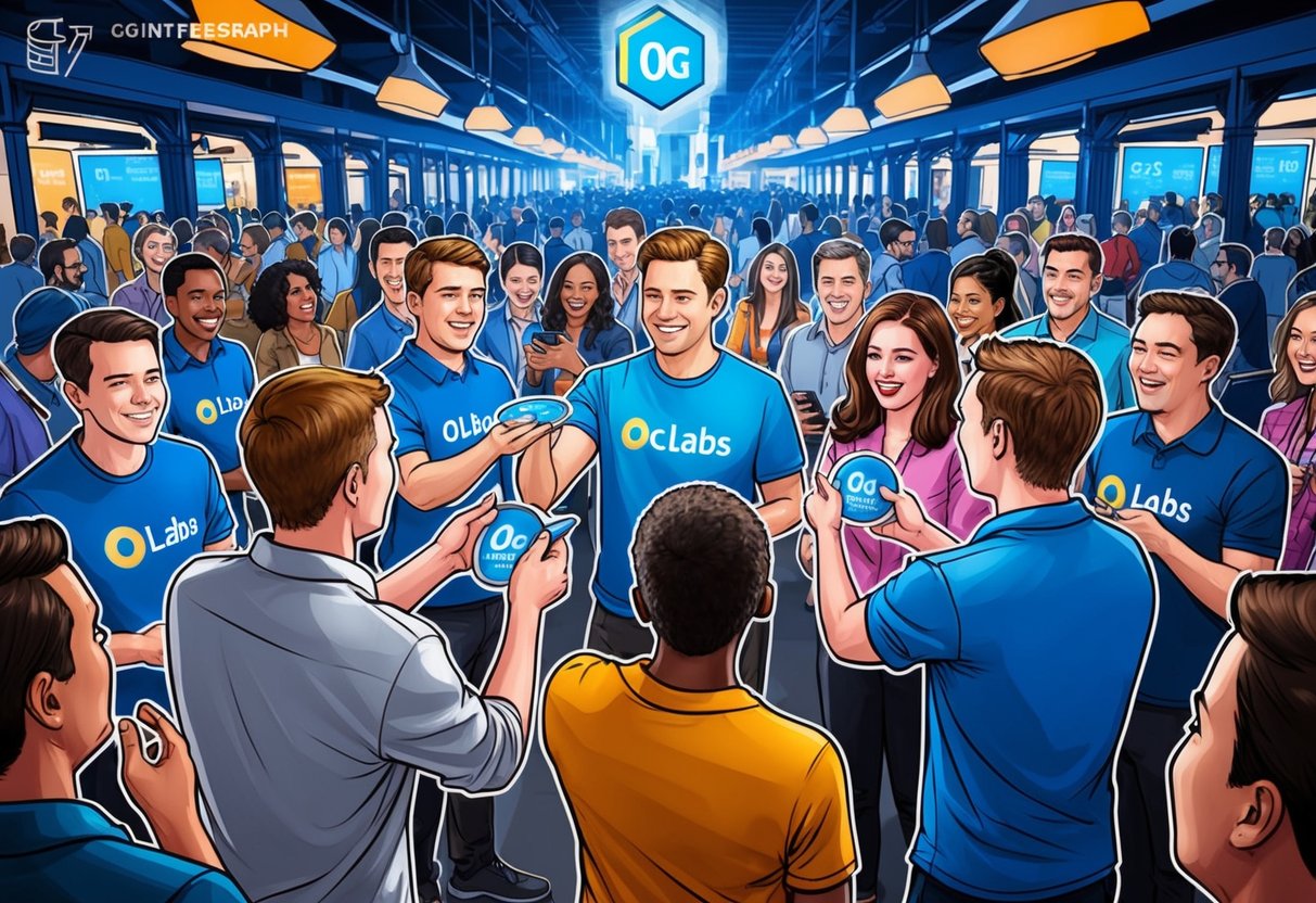 A group of people eagerly purchasing and receiving 0G Labs tokens in a crowded marketplace