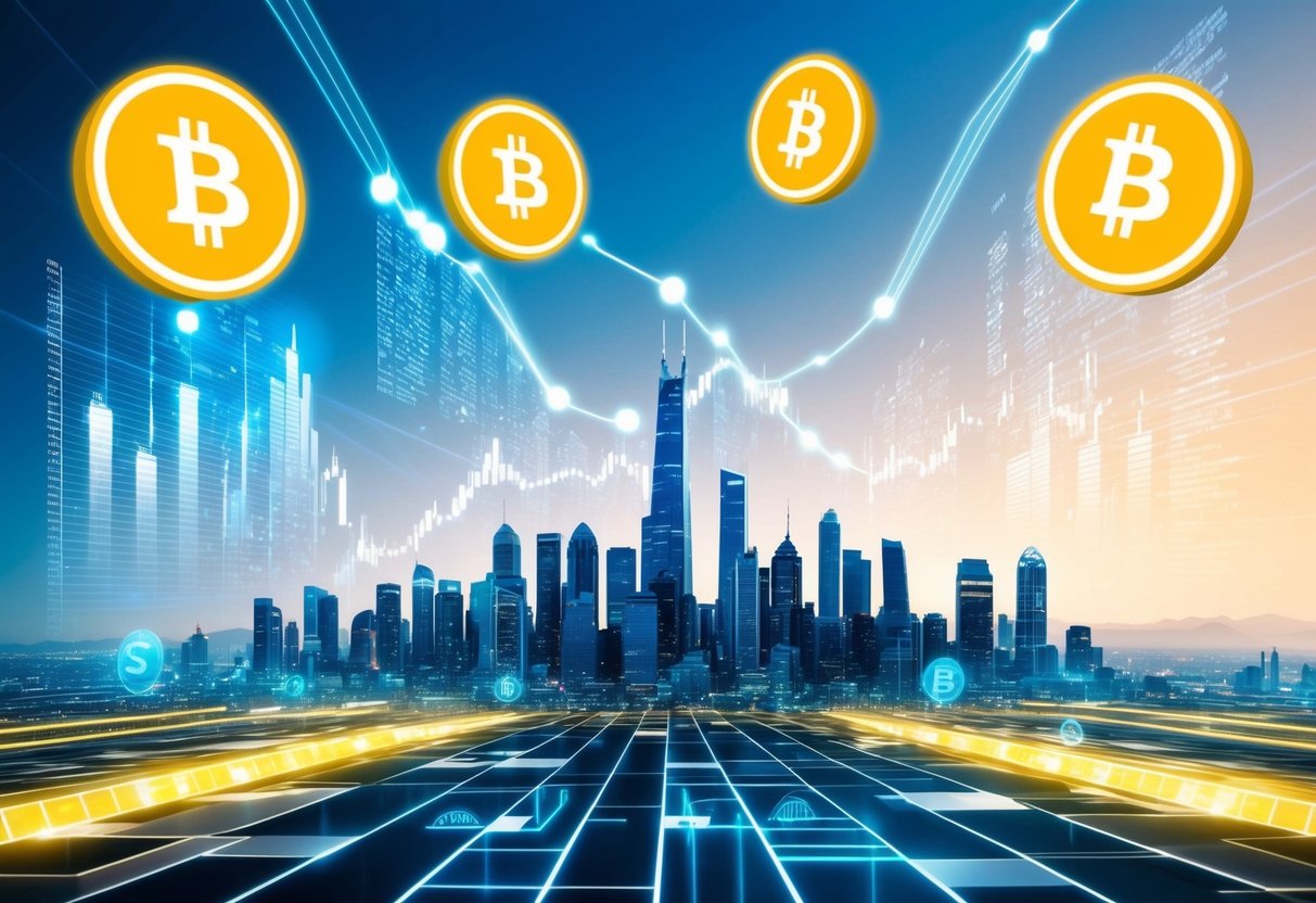 A futuristic city skyline with digital currency symbols floating in the air, surrounded by glowing data streams and charts