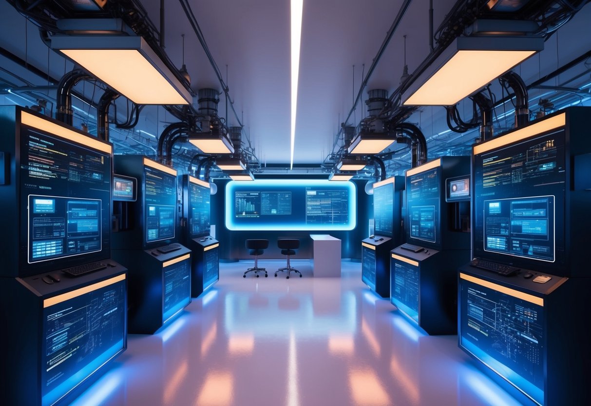 A futuristic laboratory with glowing screens and complex machinery