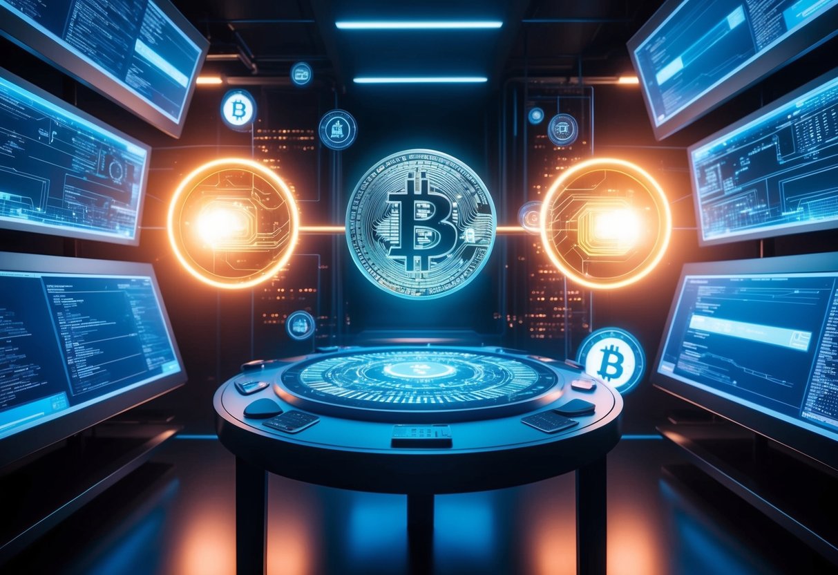 A futuristic laboratory with glowing computer screens and advanced technology