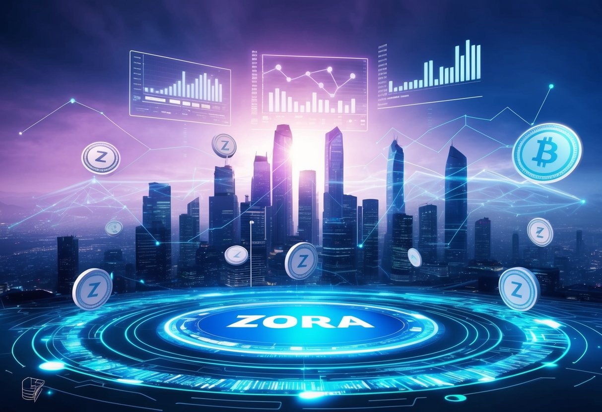 A vibrant, futuristic cityscape with digital charts and graphs floating in the air, symbolizing the analysis of Zora Token and its ecosystem