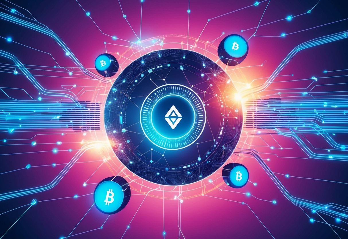A futuristic network of interconnected nodes and data streams, emanating a vibrant glow