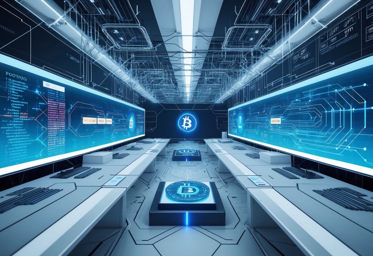 A futuristic laboratory with interconnected financial data streams and DeFi protocols running on multiple screens