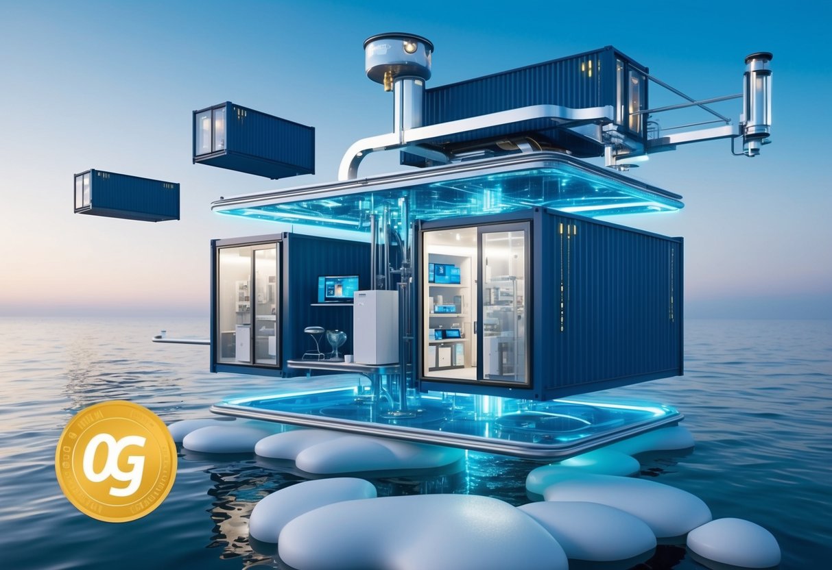 A futuristic laboratory with floating containers and advanced technology, showcasing the potential benefits of the 0g Labs Airdrop