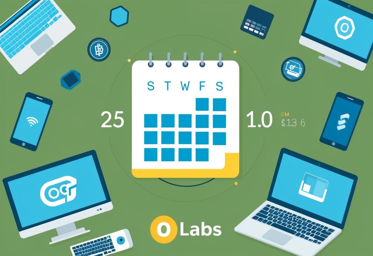 A calendar with the date circled, surrounded by various technological devices and the OG Labs logo