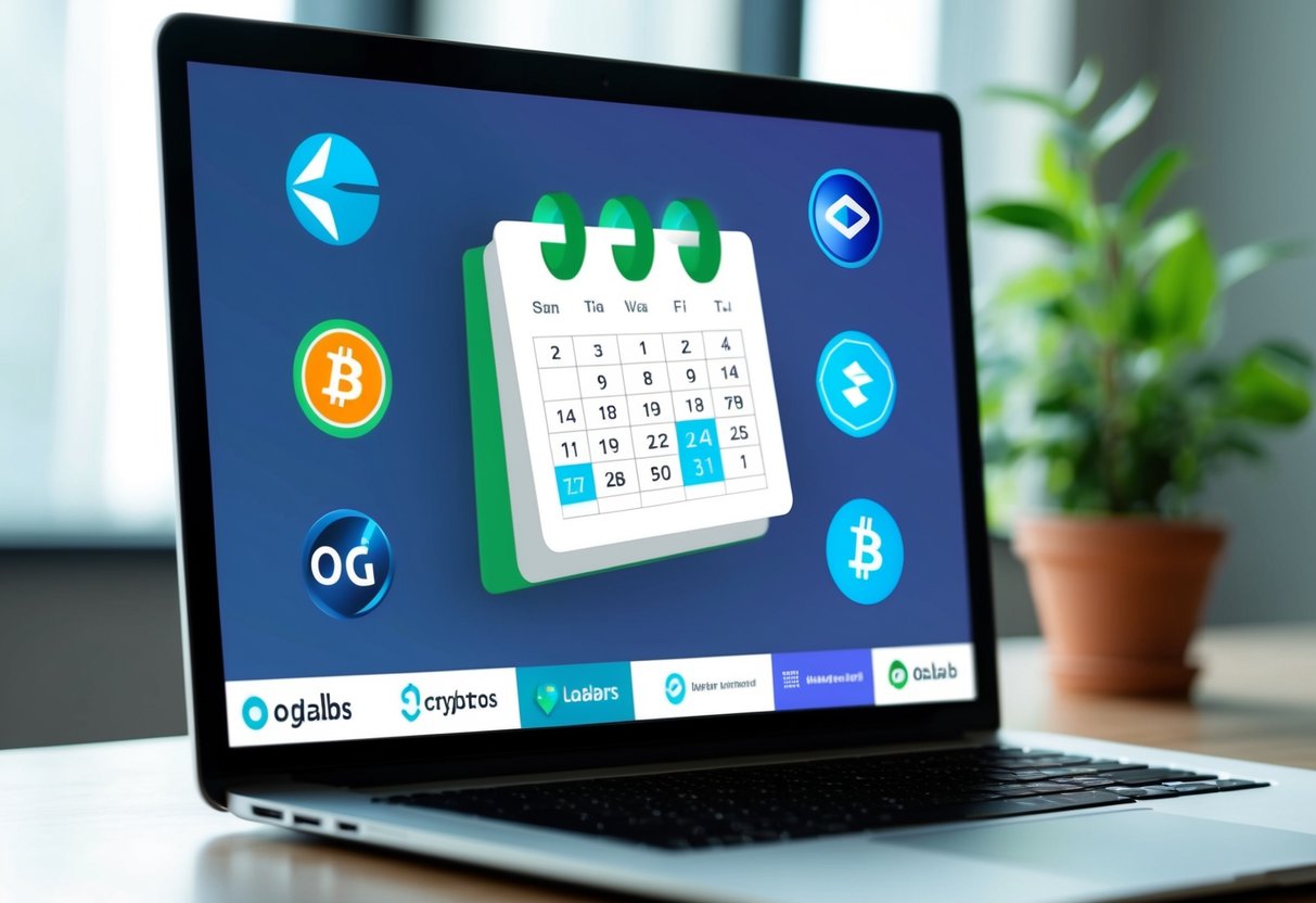 A computer screen displaying various cryptocurrency exchange logos and platform icons with a calendar showing the date of the OG Labs Airdrop listing
