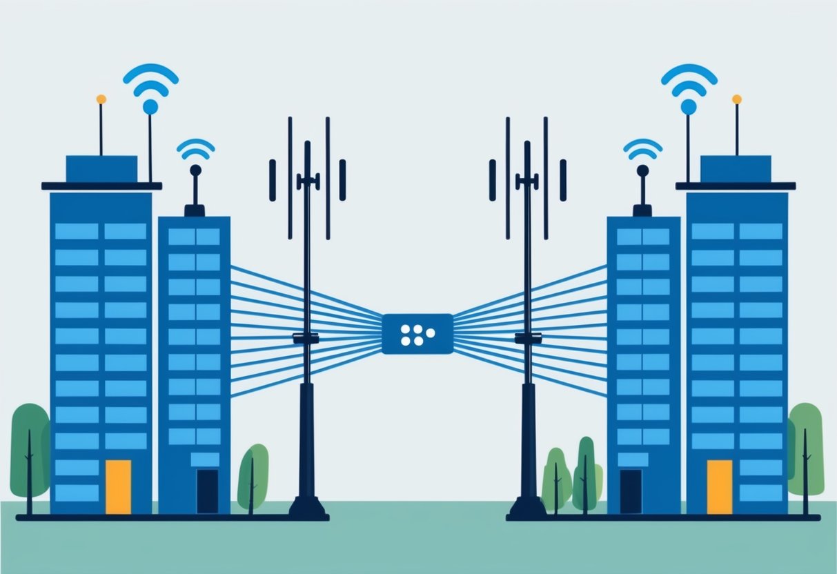 A network bridge connecting two buildings with cables and antennas