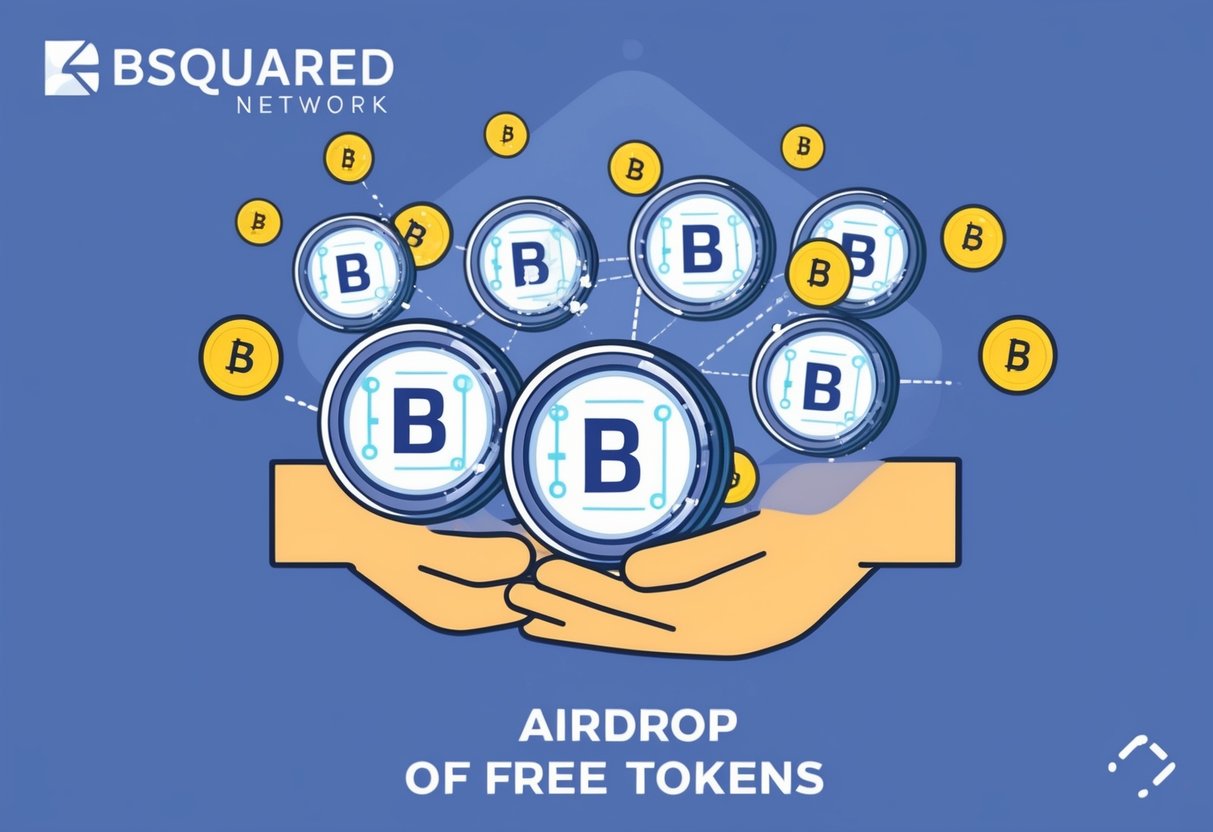 A group of digital tokens being distributed from the Bsquared network, symbolizing the airdrop of free tokens to users