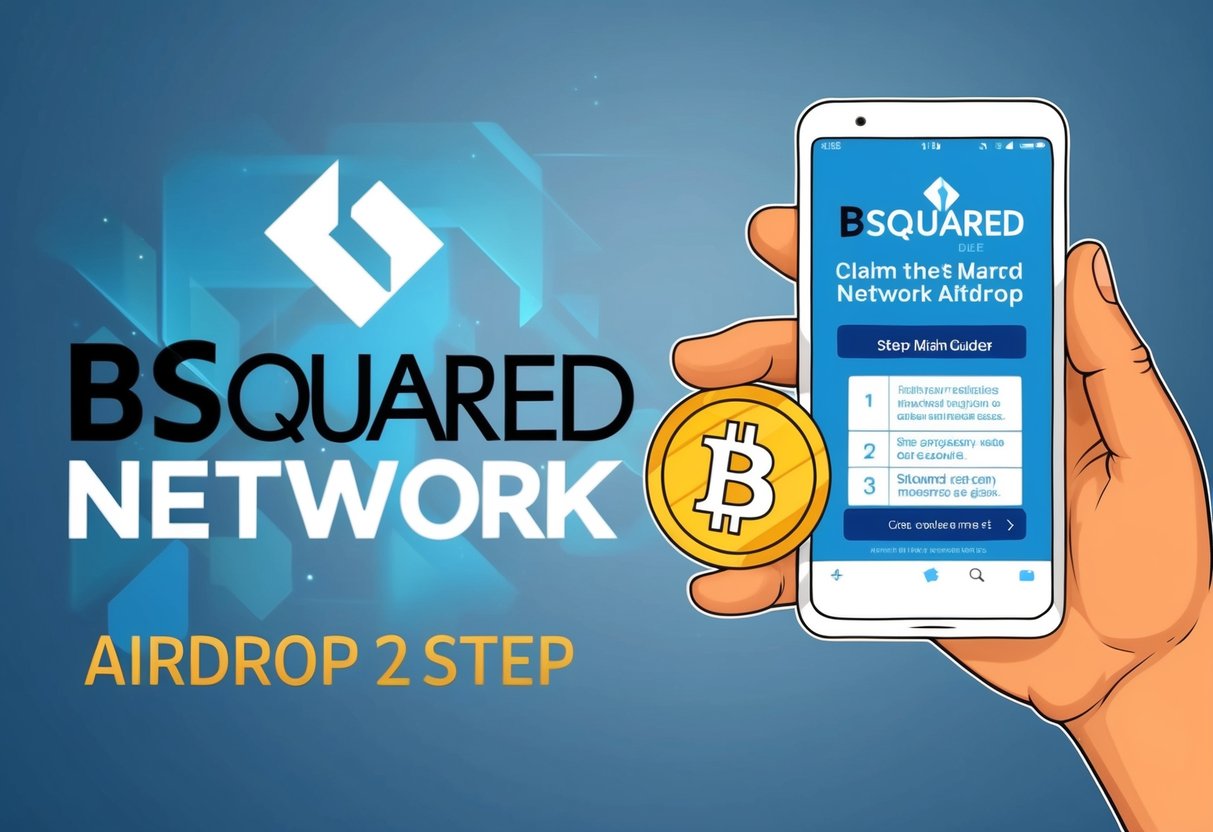 A hand reaching out to claim the Bsquared Network airdrop with a smartphone displaying the step-by-step guide on the screen