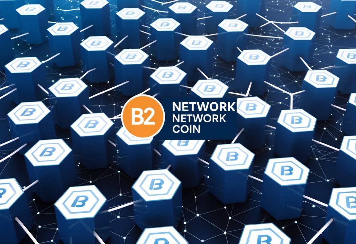 A network of interconnected blocks with B2 Network Coin logo integrated throughout