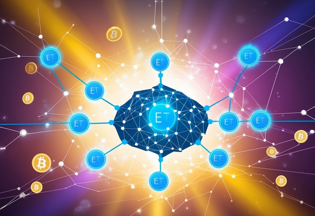 A vibrant network of interconnected nodes emitting a glowing aura, with small tokens floating in the air around them