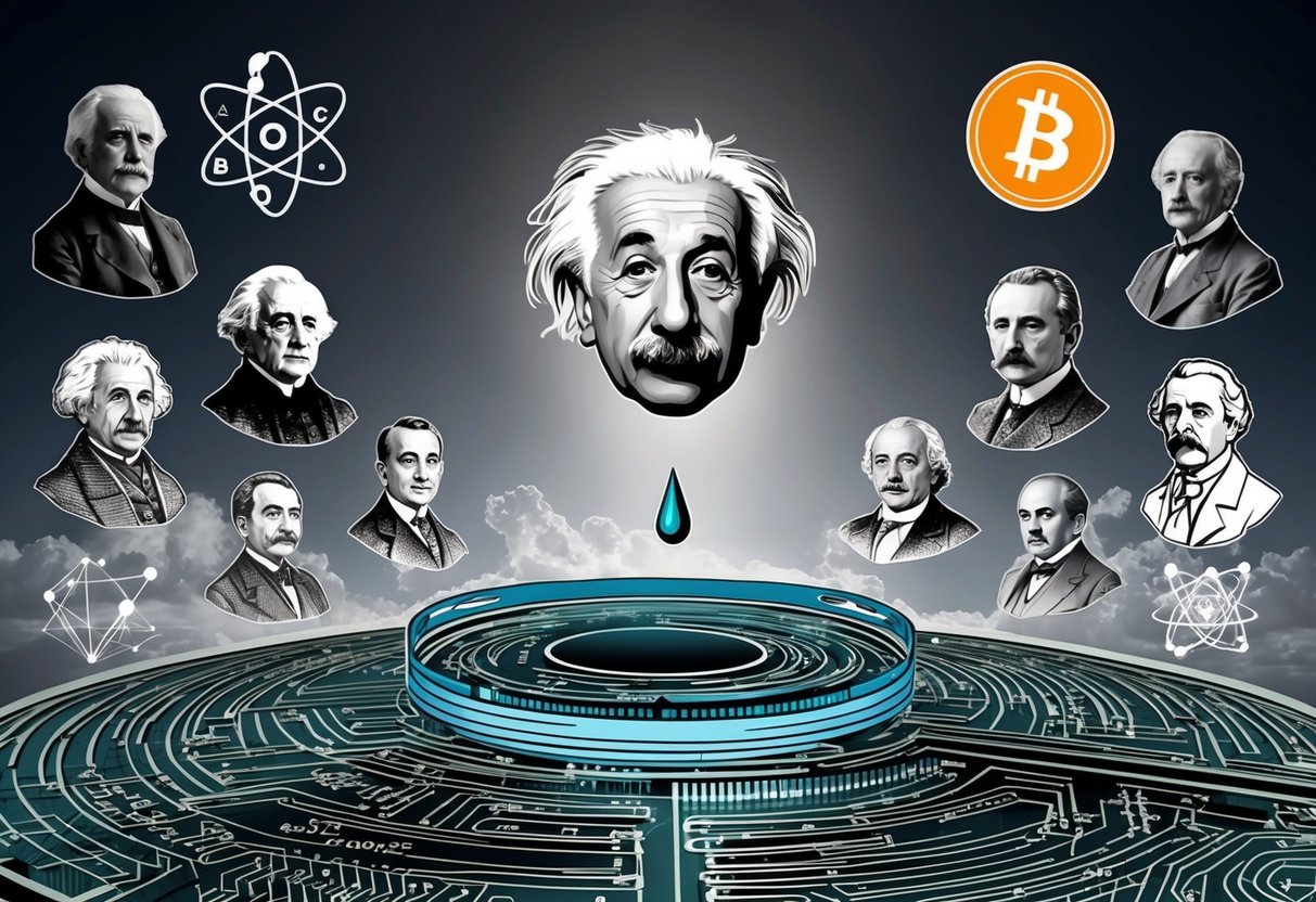 Albert Einstein's iconic image dropping from the sky, surrounded by historical figures and scientific symbols