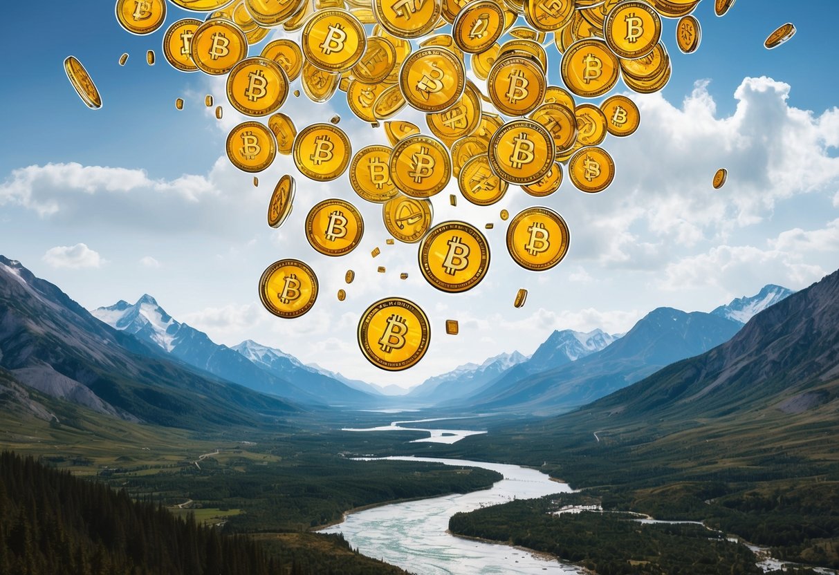 A group of digital tokens raining down from the sky onto a landscape of mountains and rivers