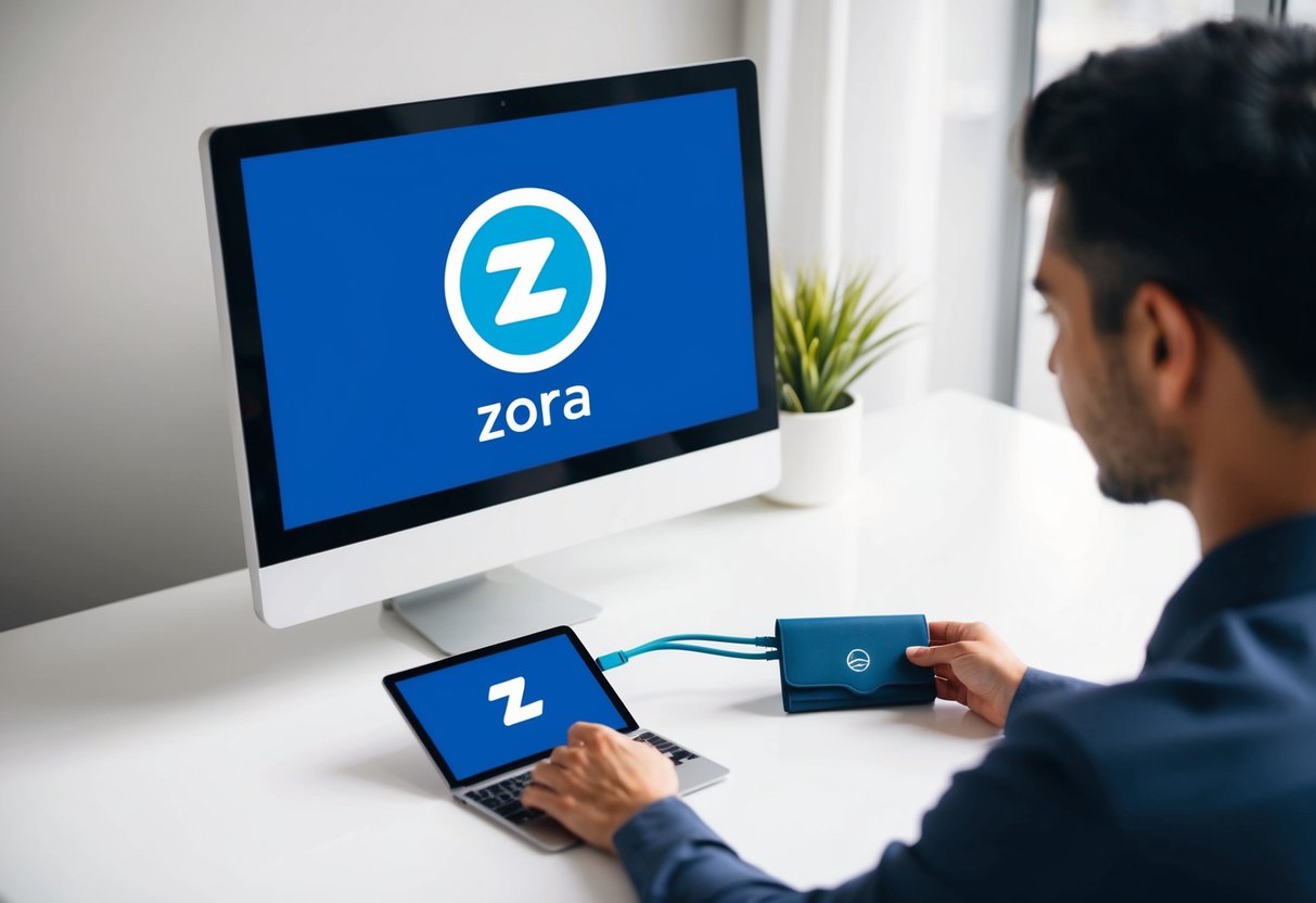 A person connecting their digital wallet to a computer, with a Zora logo displayed on the screen
