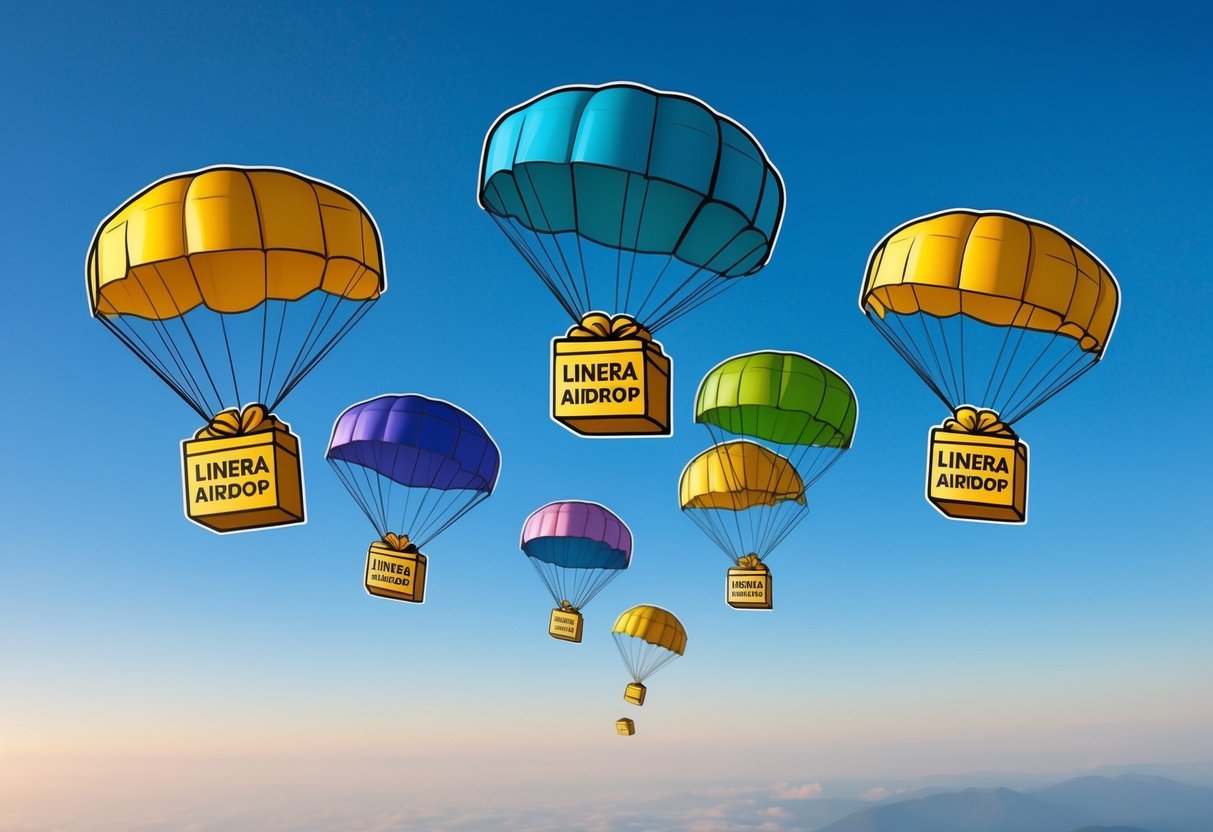 A group of colorful parachutes descending from the sky, each carrying a package labeled "Linera Airdrop."