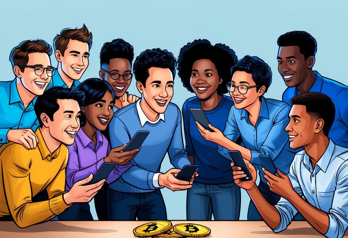 A group of diverse individuals eagerly gather around a table, each holding out their devices to receive a digital airdrop