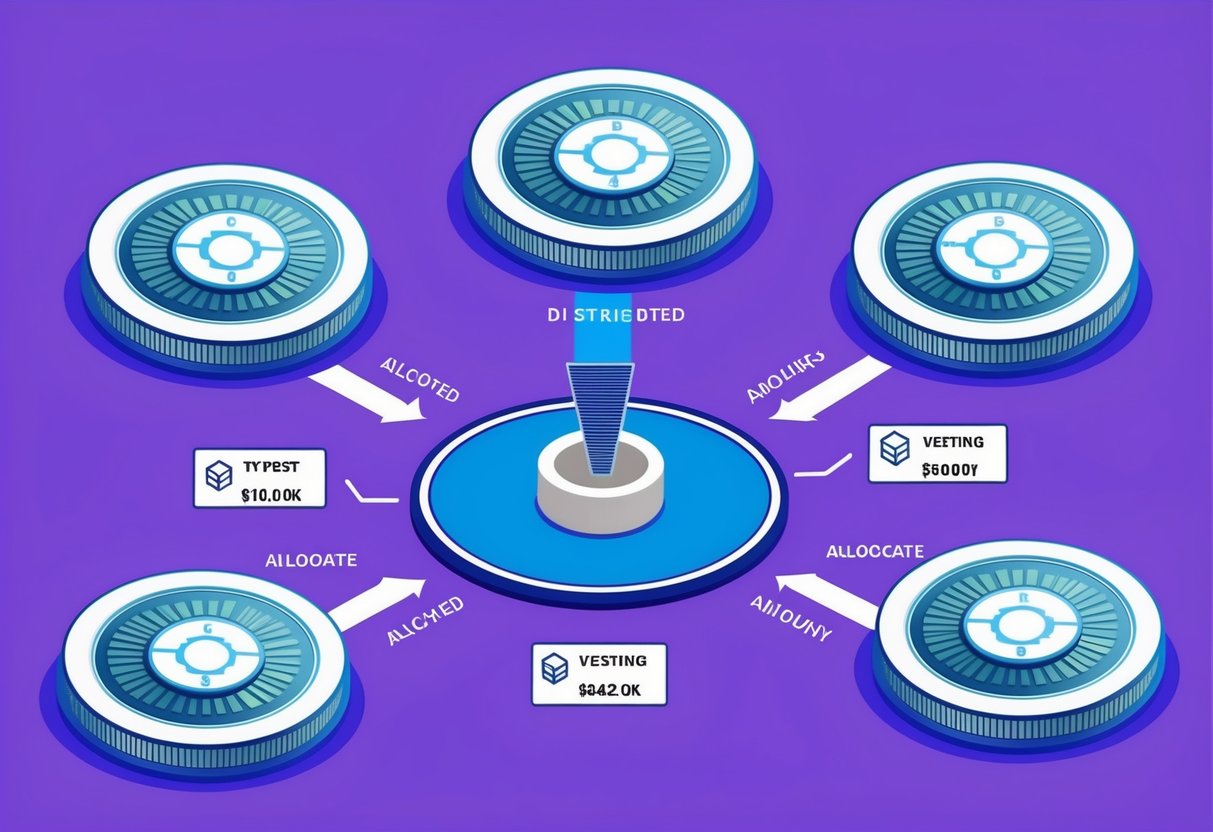 A group of tokens being distributed from a central point, with varying amounts being allocated and vesting details being displayed