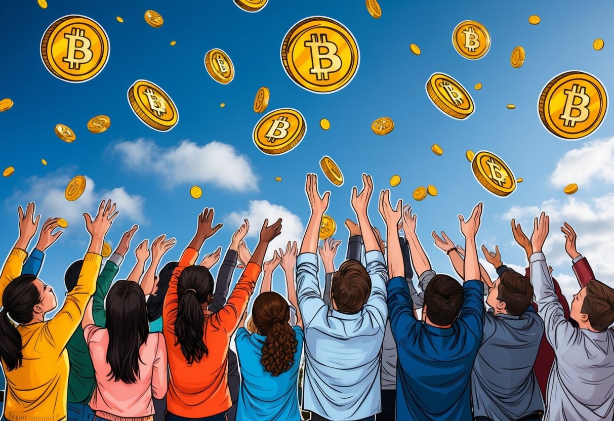 A group of people eagerly reaching for falling tokens from the sky