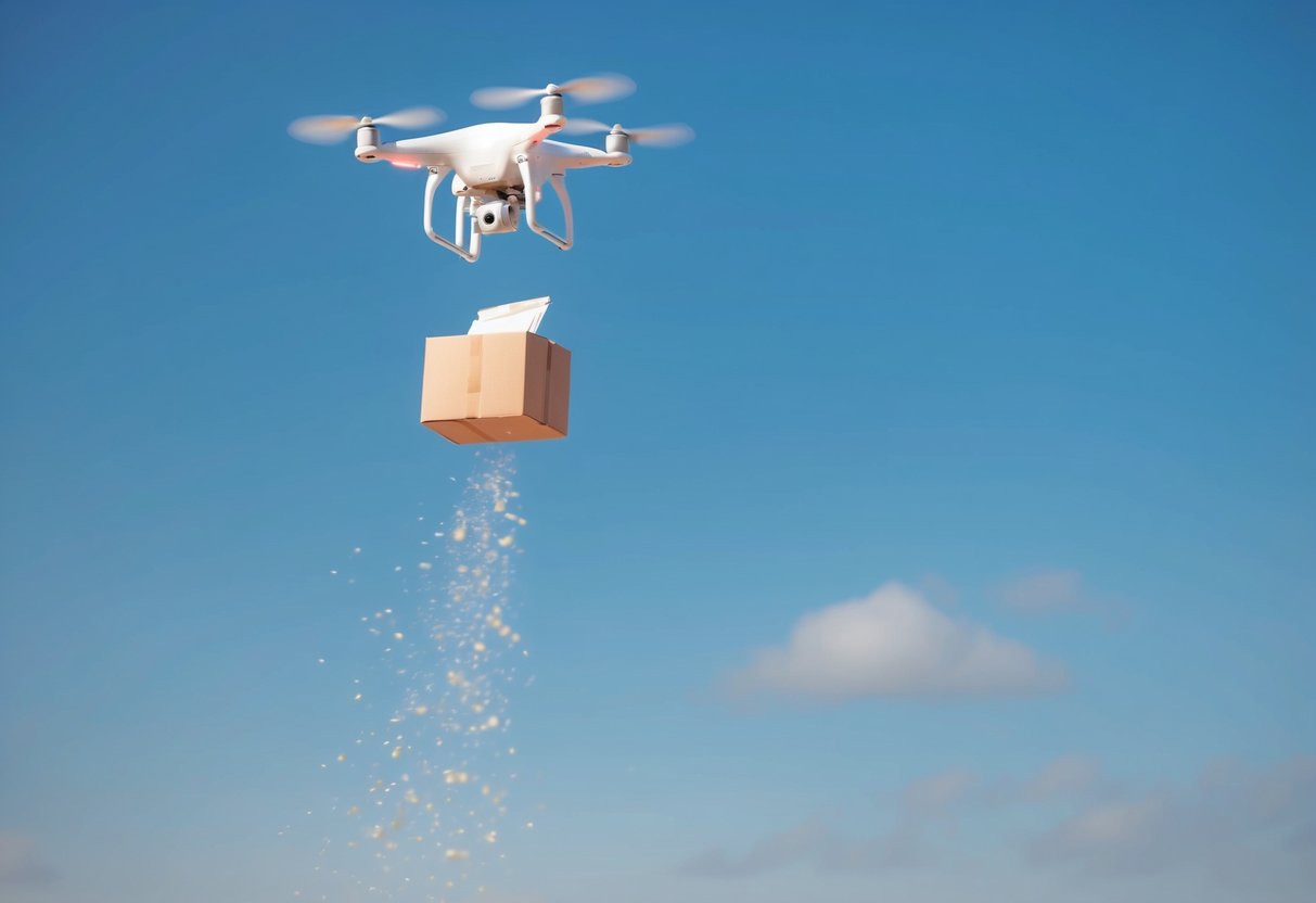 A package being dropped from a drone hovering in mid-air