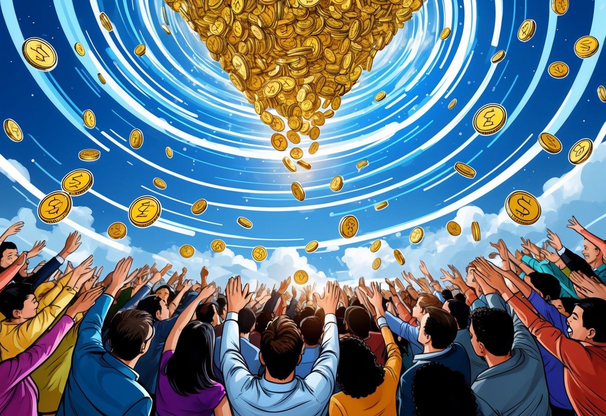 A swirling vortex of digital tokens descending from the sky, surrounded by a crowd of eager participants reaching out to claim their share