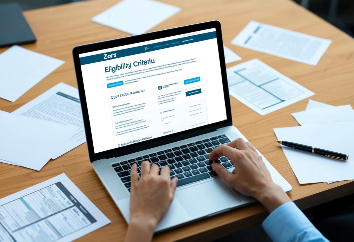 A laptop displaying the Zora website with eligibility criteria listed, surrounded by scattered paper and a pen
