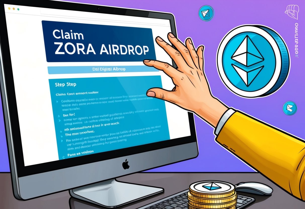 A hand reaching out to claim a digital Zora airdrop with a computer screen displaying the step-by-step guide