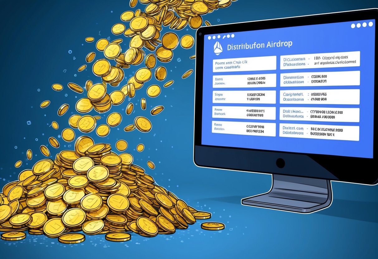A pile of tokens cascading from a virtual airdrop, with distribution details displayed on a screen
