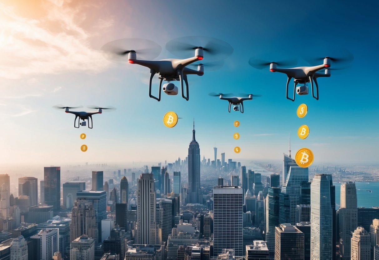 A futuristic city skyline with drones dropping digital tokens from the sky