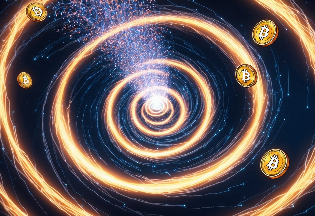 A swirling vortex of glowing energy dispersing digital tokens