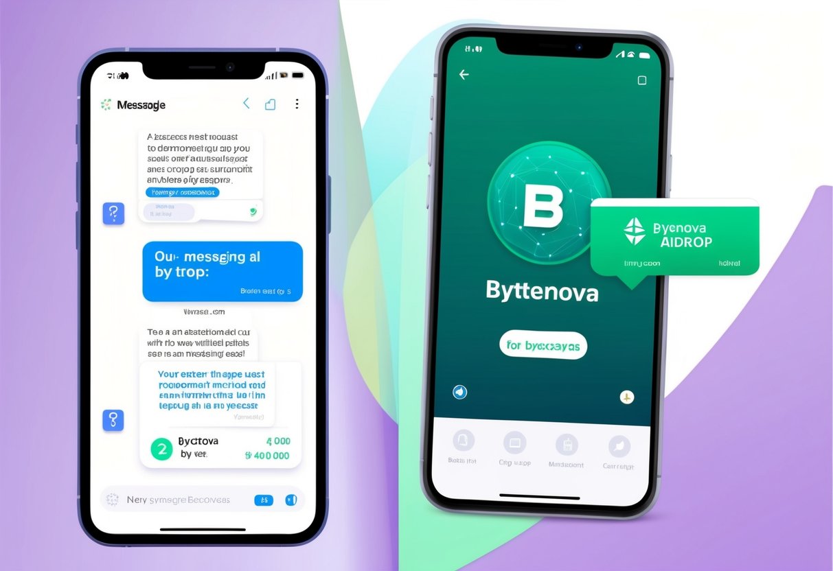 A smartphone displaying Bytenova's Messaging App with a notification for a Bytenova airdrop