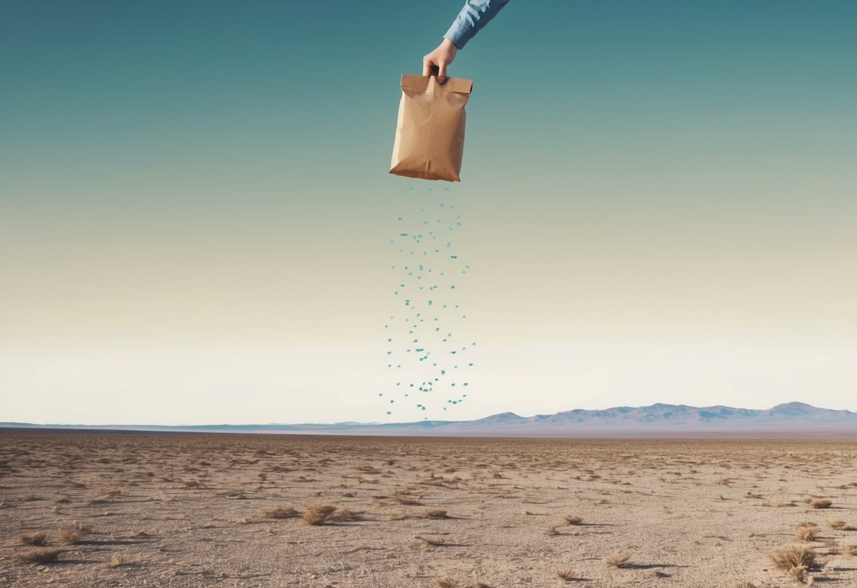 A package drops from the sky onto a barren landscape