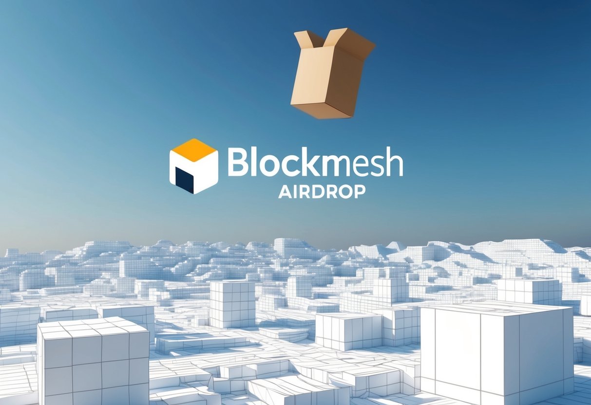 A blockmesh airdrop: a package falling from the sky into a geometric, wireframe landscape