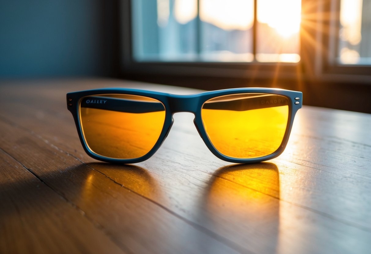 A pair of Oakley Airdrop glasses resting on a wooden table, with sunlight streaming in through a nearby window, casting a warm glow on the lenses