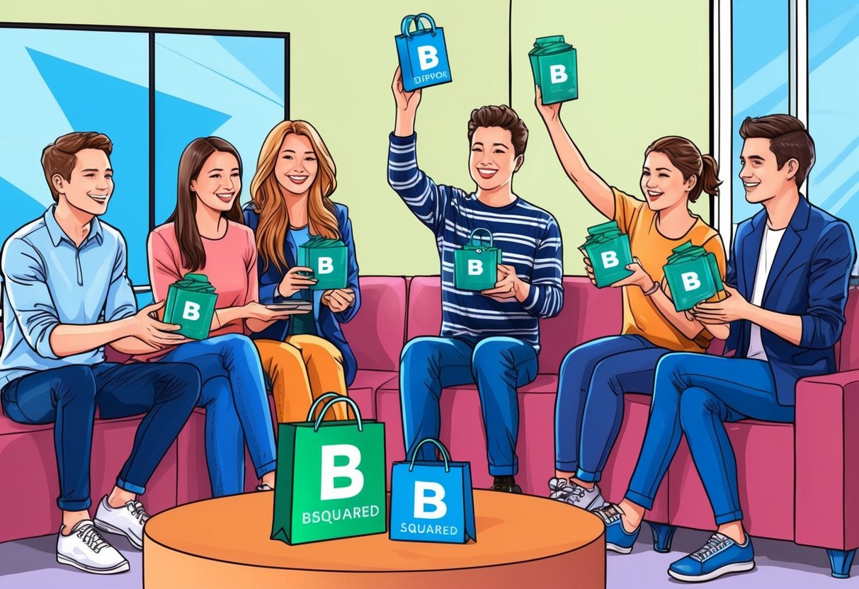 A group of people receiving free items from a Bsquared network airdrop