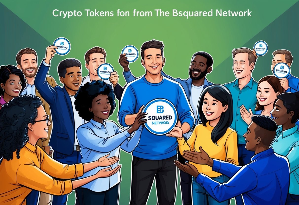 A group of diverse individuals receiving free tokens from the Bsquared Network, with a sense of excitement and gratitude in the air