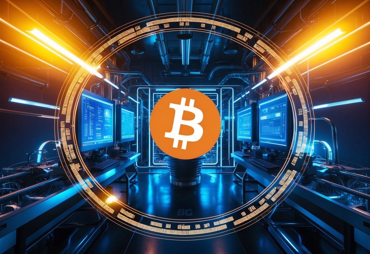 A futuristic laboratory with glowing screens and complex machinery, surrounded by a digital currency logo