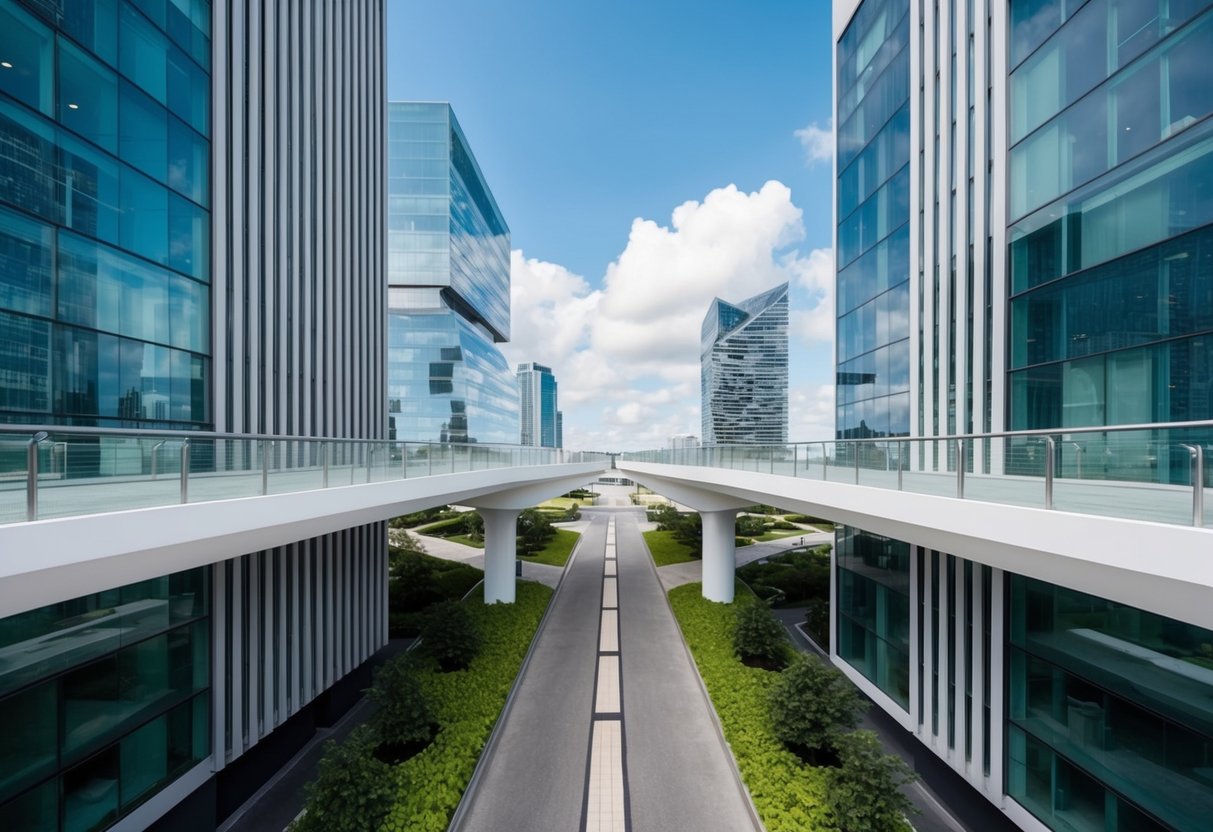 A network bridge connecting two B2 buildings with sleek, modern architecture and a seamless integration into the surrounding environment