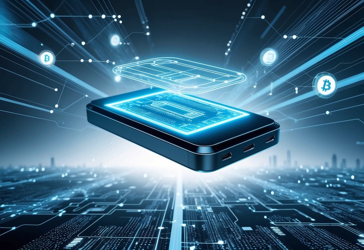 A futuristic, sleek device hovering in a digital landscape, surrounded by glowing data nodes and interconnected pathways