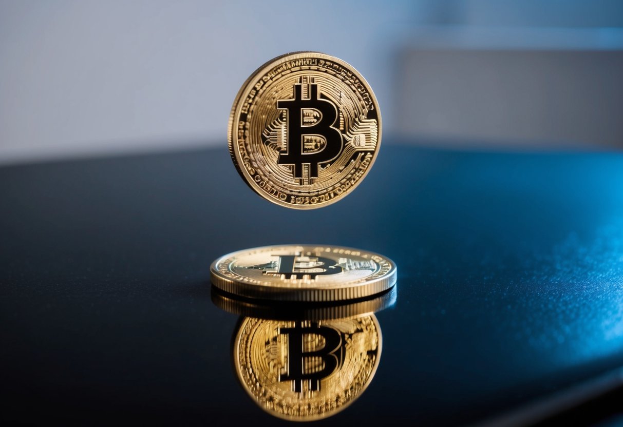 A shiny B2 Network coin spinning in the air, casting a glimmering reflection on a dark, polished surface