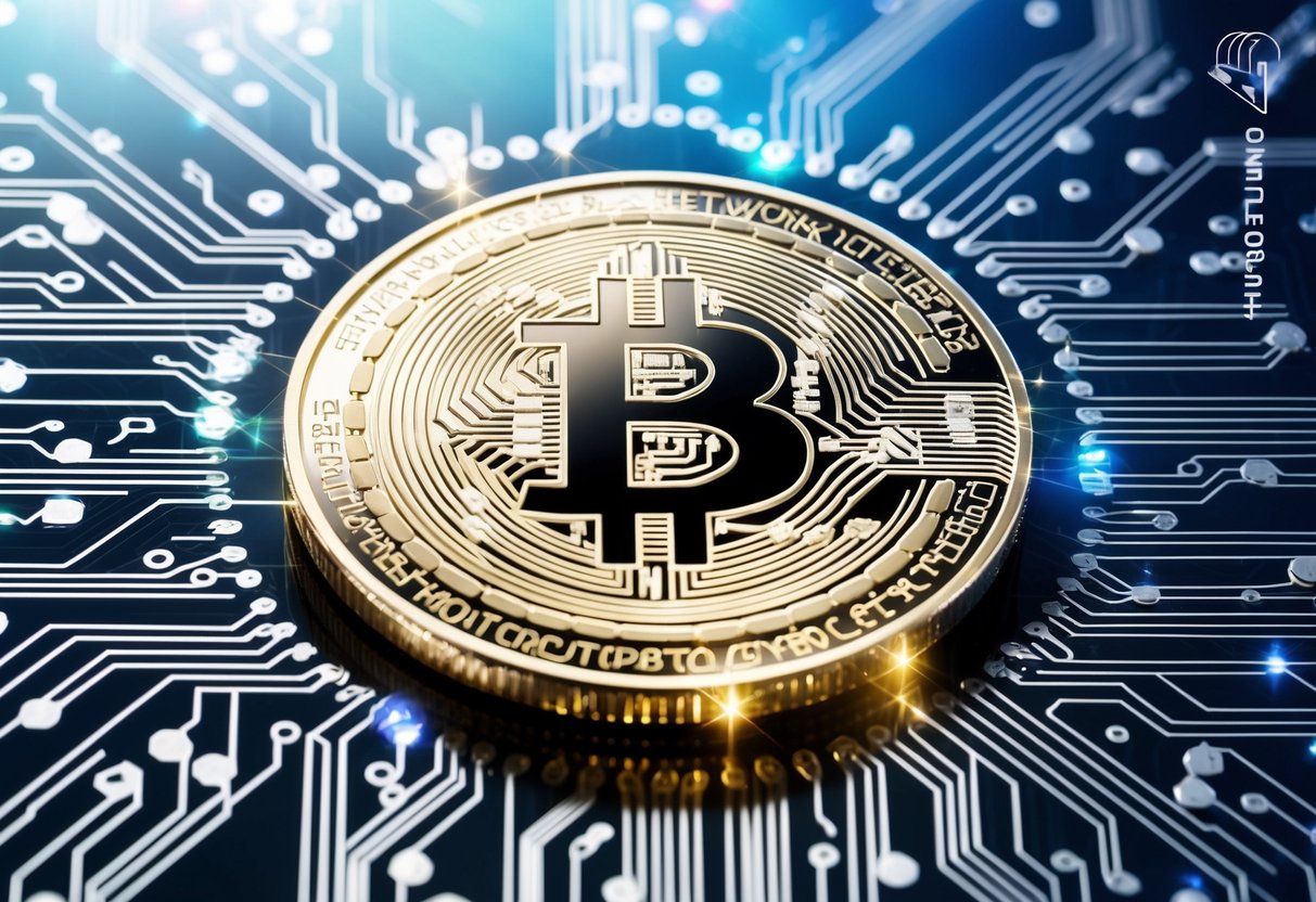 A shimmering B2 Network Coin surrounded by digital circuitry and blockchain symbols