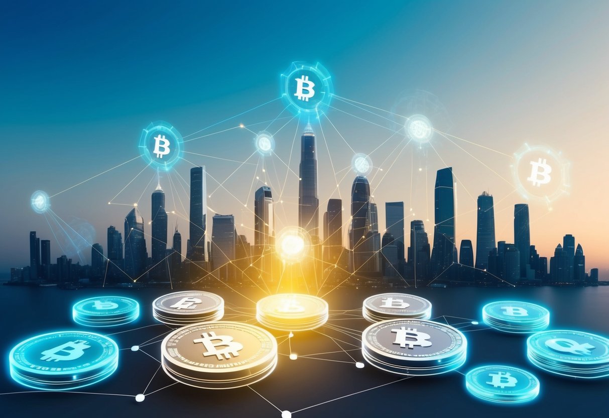A futuristic city skyline with interconnected nodes emitting a soft glow, surrounded by floating holographic coins