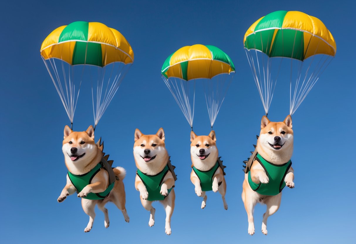 A pack of Shiba Inu dogs parachuting from the sky with dinosaur costumes