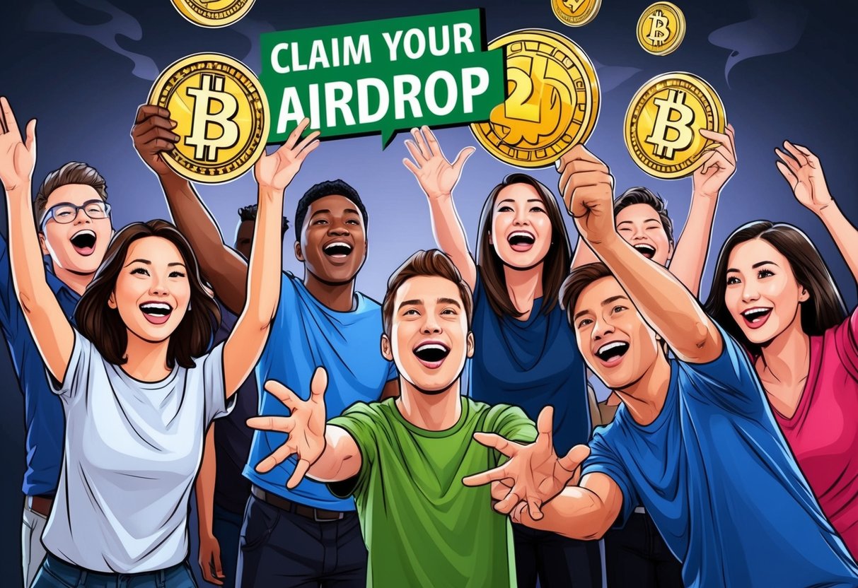 A group of people eagerly reaching out to claim their 2nd airdrop, with smiles on their faces and excitement in the air