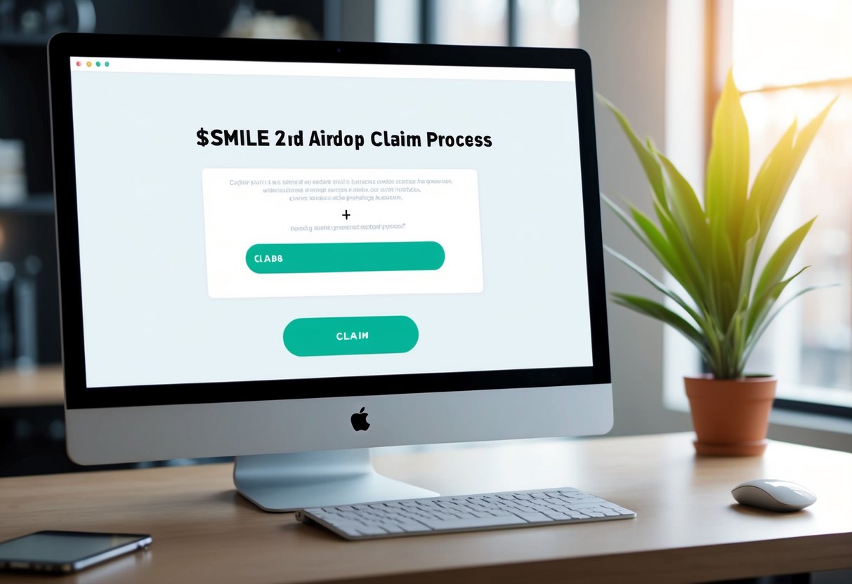 A computer screen displaying the $SMILE 2nd Airdrop Claim Process with a progress bar and claim button