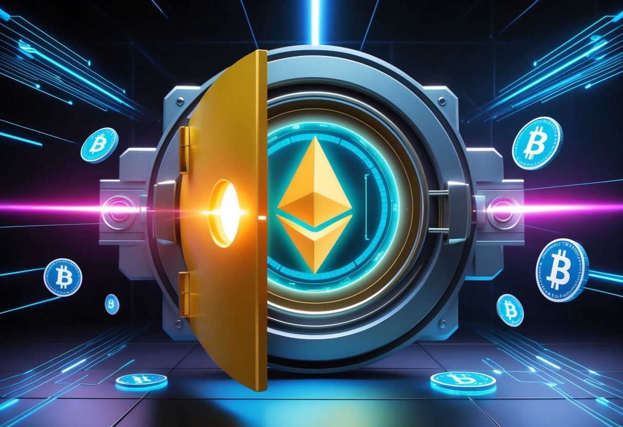 A futuristic vault door opening to reveal a glowing DinoShiba logo surrounded by security lasers and floating digital tokens