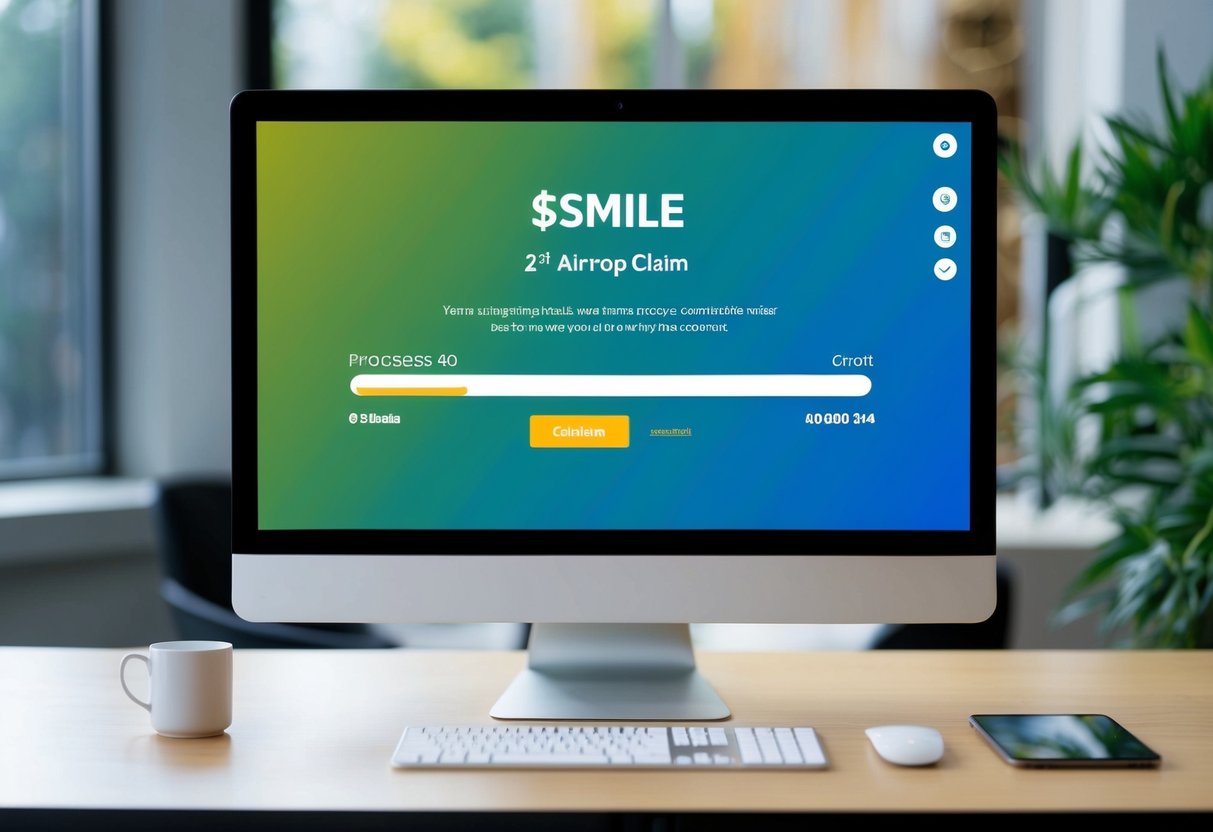 A computer screen displaying the $SMILE 2nd Airdrop claim process with a progress bar and a confirmation message
