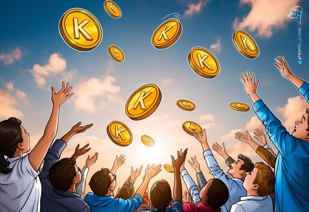 A group of people eagerly reaching out to receive KOLO Crypto Cards falling from the sky