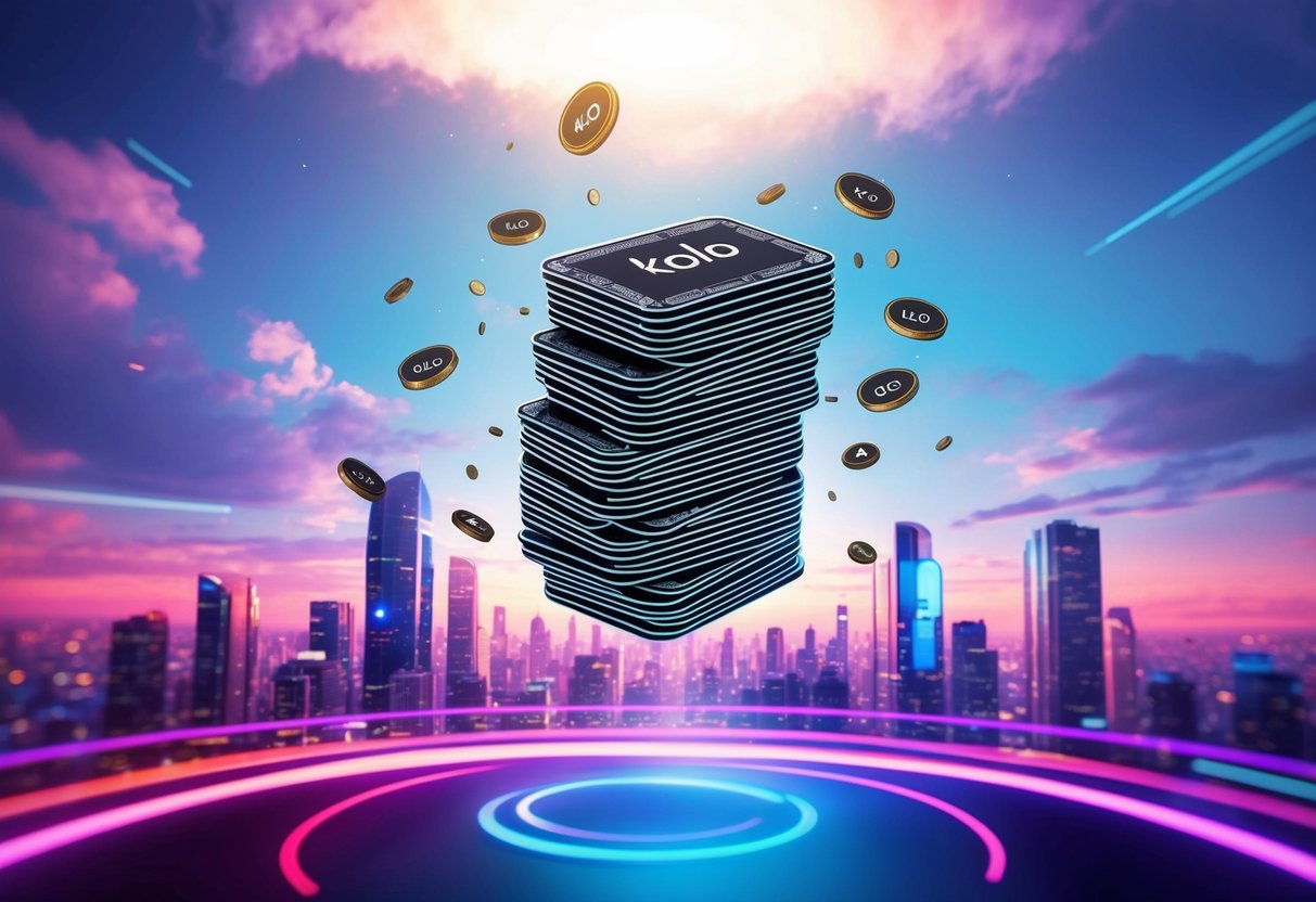 A stack of KOLO Crypto Cards being dropped from the sky onto a vibrant, futuristic cityscape