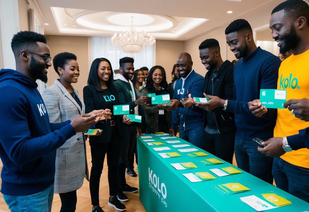 A group of people eagerly lining up to receive their KOLO Crypto Card Airdrop, with representatives checking eligibility and handing out the cards