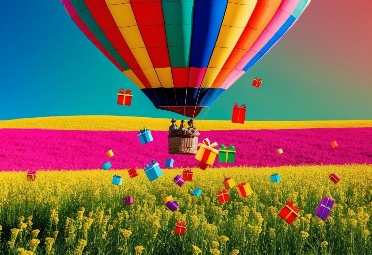 A colorful hot air balloon dropping gifts in a vibrant field